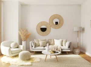 a living room filled with furniture and a mirror. related to Neutral Room Decor Is a Layered System of Warm, Cool & Earth Tones