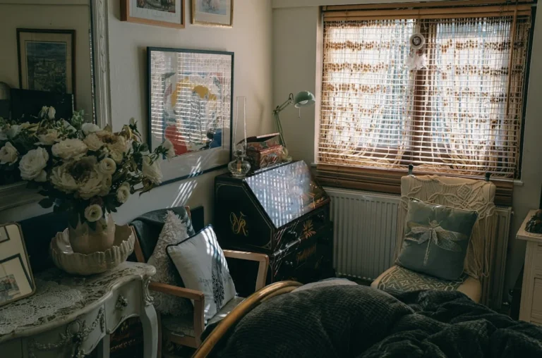 a bedroom with a bed and a desk with a laptop on it. related to Aesthetic Room Decor: Curate Instead of Clutter