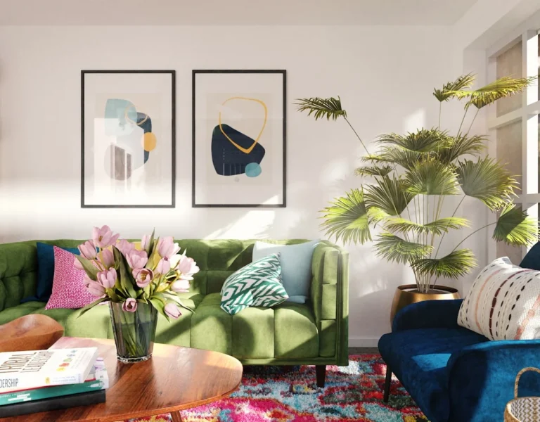 green and purple flower in blue ceramic vase on brown wooden table. related to How to Decorate Your Living Room Walls Without Making These 5 Common Mistakes