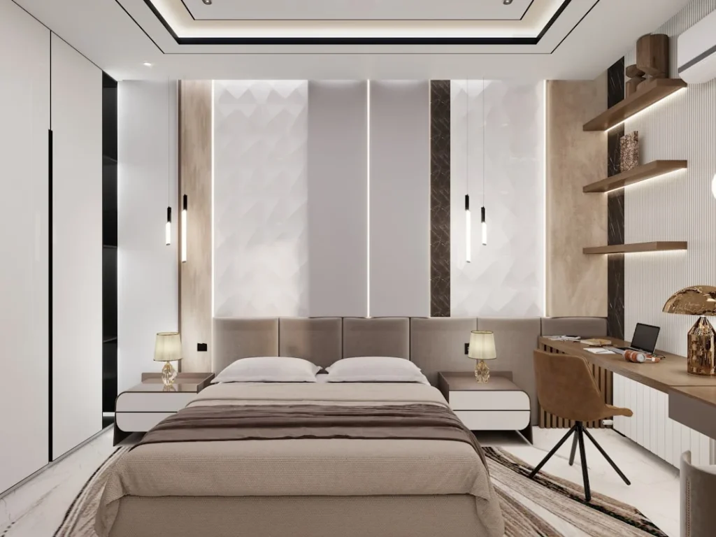 Modern bedroom with a large bed and desk.. related to Modern Luxury Bedroom Decor Ideas: Intentional Restraint Over Expensive Excess