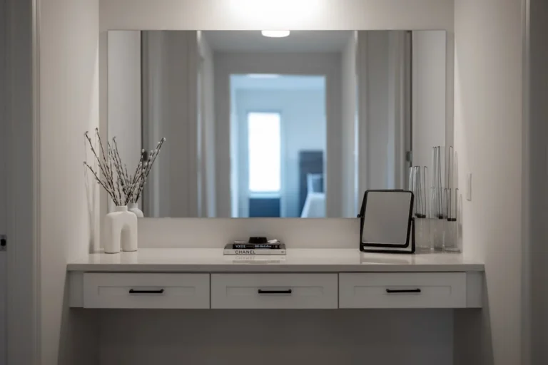 A modern vanity table with a large mirror and decor.. related to Style Your Entryway Table to Match How You Actually Use It