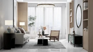 Stylish apartment interior with open-concept living, warm lighting, and functional furniture.. related to How to Decorate a Small Apartment Living Room (Without Overcrowding It)