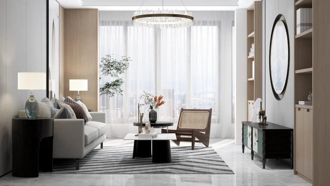 Stylish apartment interior with open-concept living, warm lighting, and functional furniture.. related to How to Decorate a Small Apartment Living Room (Without Overcrowding It)