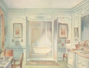 The Miriam and Ira D. Wallach Division of Art, Prints and Photographs: Art & Architecture Collection, The New York Public Library. "Salle de bains Louis XVI, avec une glace à trois faces...." The New York Public Library Digital Collections. 1907. https://digitalcollections.nypl.org/items/510d47dd-ec41-a3d9-e040-e00a18064a99. related to Bathroom Wall Art That Survives Moisture and Matches Your Fixtures