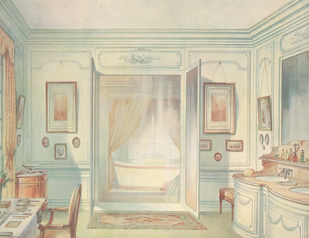 The Miriam and Ira D. Wallach Division of Art, Prints and Photographs: Art & Architecture Collection, The New York Public Library. "Salle de bains Louis XVI, avec une glace à trois faces...." The New York Public Library Digital Collections. 1907. https://digitalcollections.nypl.org/items/510d47dd-ec41-a3d9-e040-e00a18064a99. related to Bathroom Wall Art That Survives Moisture and Matches Your Fixtures